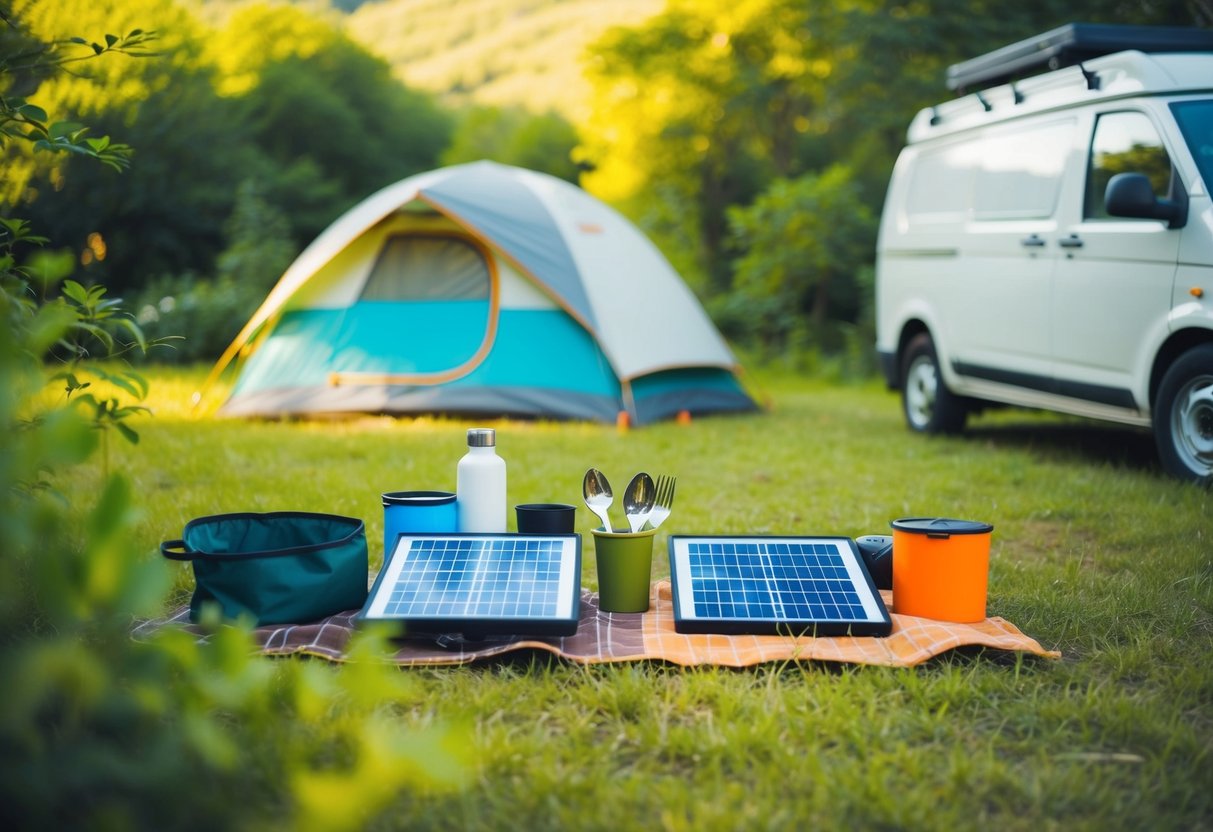 Ein ruhiger Campingplatz mit wiederverwendbaren Utensilien, Sonnenkollektoren und umweltfreundlicher Campingausrüstung, umgeben von üppigem Grün und einem in der Nähe geparkten Van