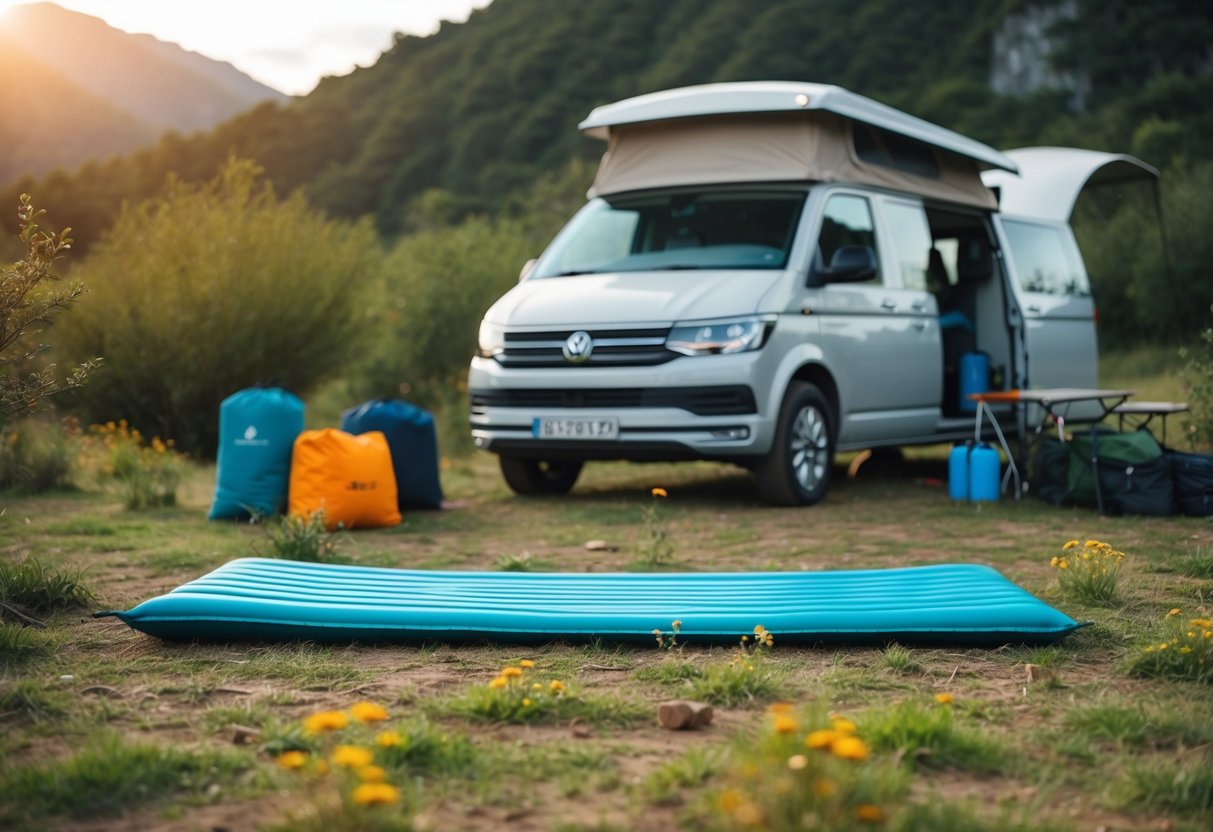 Eine nachhaltige Campingmatte inmitten der Natur, mit einem Van und Campingausrüstung im Hintergrund