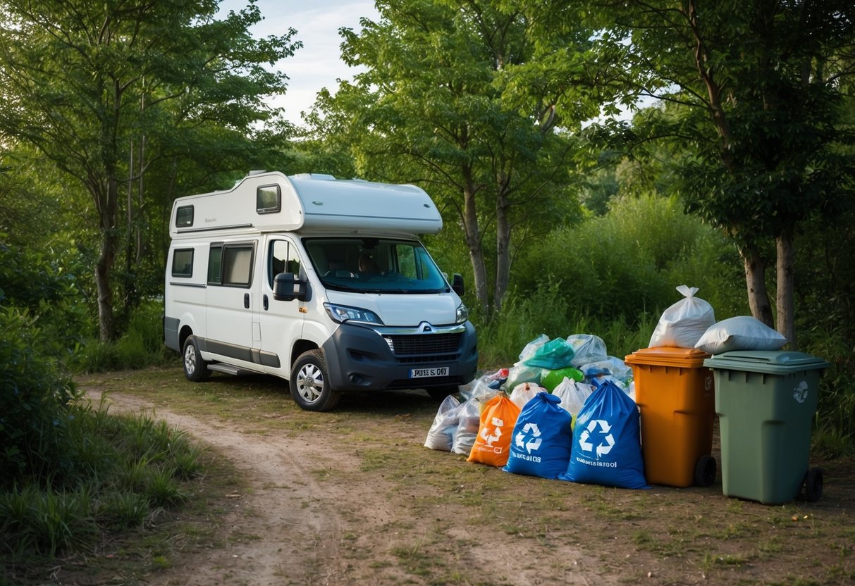 Ein Campingplatz mit einem Lieferwagen inmitten der Natur, mit einem Stapel Recyclingtüten und -behältern in der Nähe