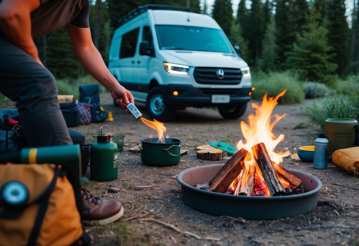 Ein Campingplatz mit einem Van inmitten der Natur. Eine Person entzündet mit einem nachfüllbaren Feuerzeug ein Lagerfeuer. Outdoor-Ausrüstung und nachhaltige Campingartikel sind überall verstreut