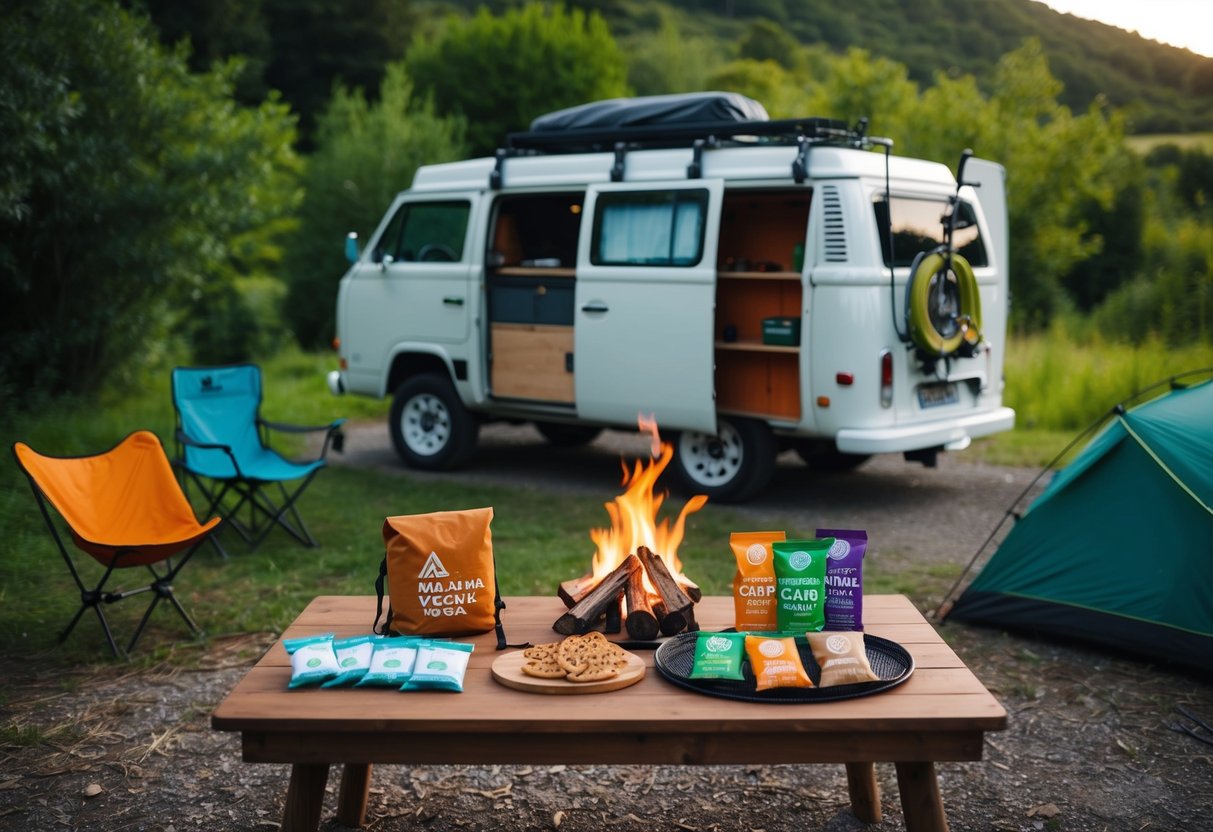 Ein malerischer Campingplatz mit einem gemütlichen Van, umgeben von üppigem Grün, einem Lagerfeuer und einem Tisch, der mit verschiedenen nachhaltigen Campingausrüstungen und veganen Energieriegeln gedeckt ist