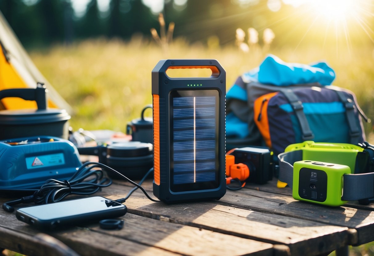 Ein solarbetriebenes tragbares Ladegerät steht auf einem rustikalen Campingtisch, umgeben von verschiedenen Outdoor-Ausrüstungen und -Geräten. Die Sonne scheint auf die Szene und unterstreicht die Umweltfreundlichkeit des Produkts