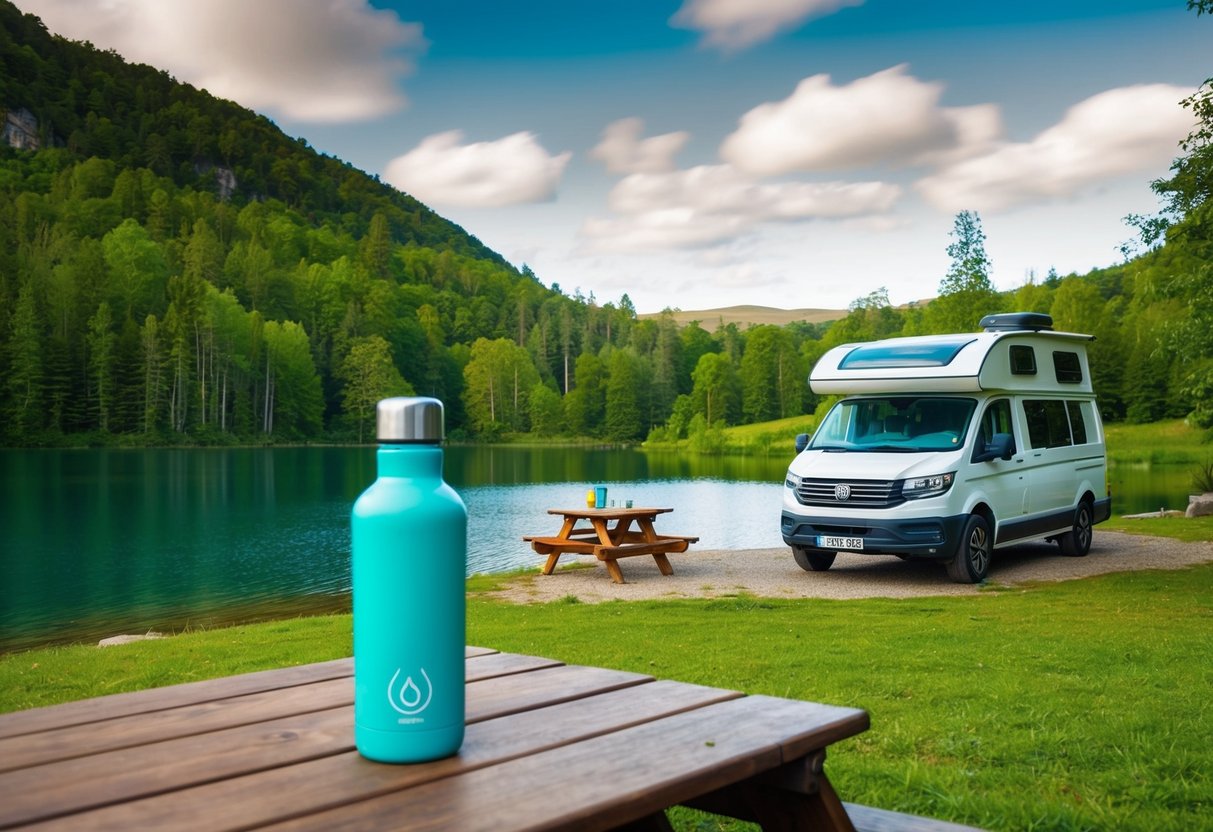 Ein malerischer Campingplatz mit einem an einem ruhigen See geparkten Van, umgeben von üppigem Grün. Auf einem hölzernen Picknicktisch steht eine nachhaltige Wasserflasche