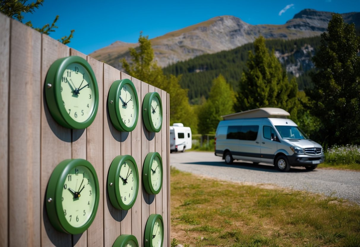 Ein ruhiger Campingplatz mit umweltfreundlichen Wanduhren. Die umliegende Landschaft umfasst Bäume, Berge und einen in der Nähe geparkten Lieferwagen