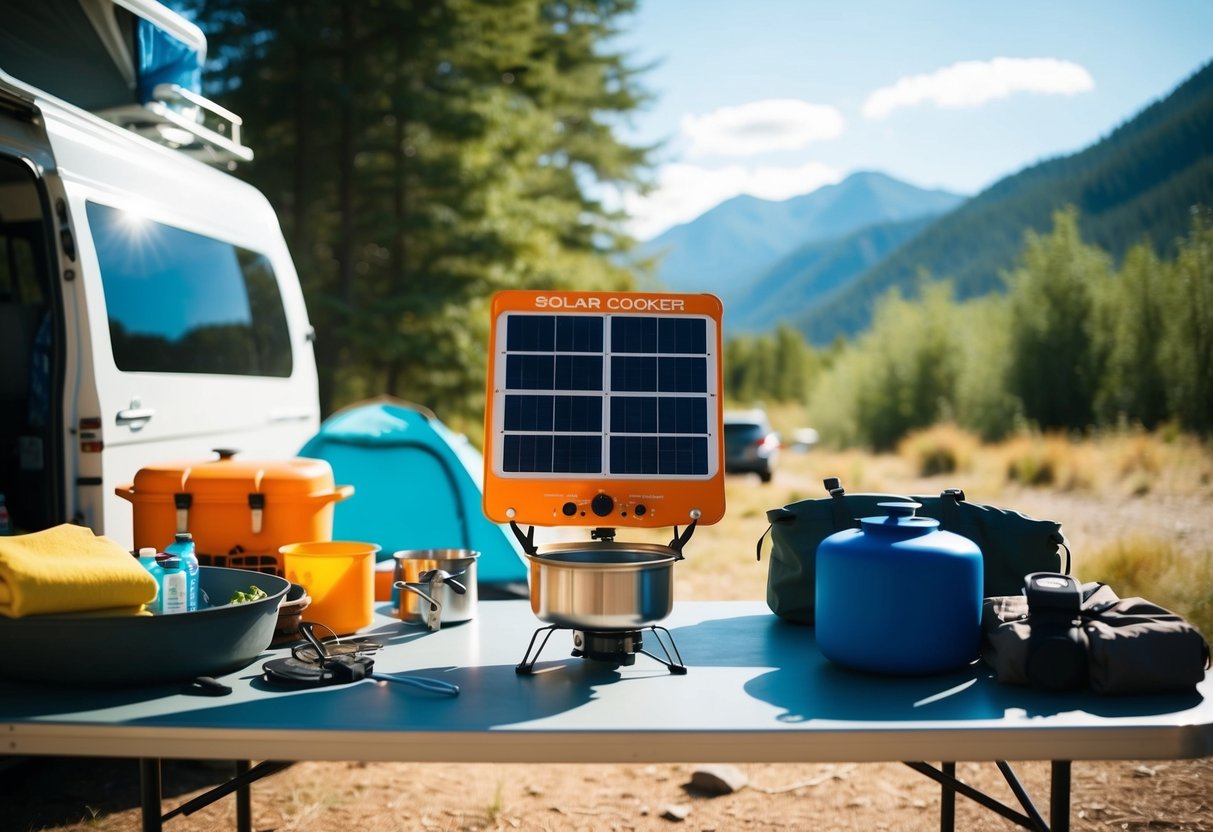 Auf einem Campingtisch steht ein Solarkocher, umgeben von Campingausrüstung und dem Nötigsten für den Vanlife. Die Sonne scheint auf die Szene herab, mit Bäumen und Bergen im Hintergrund