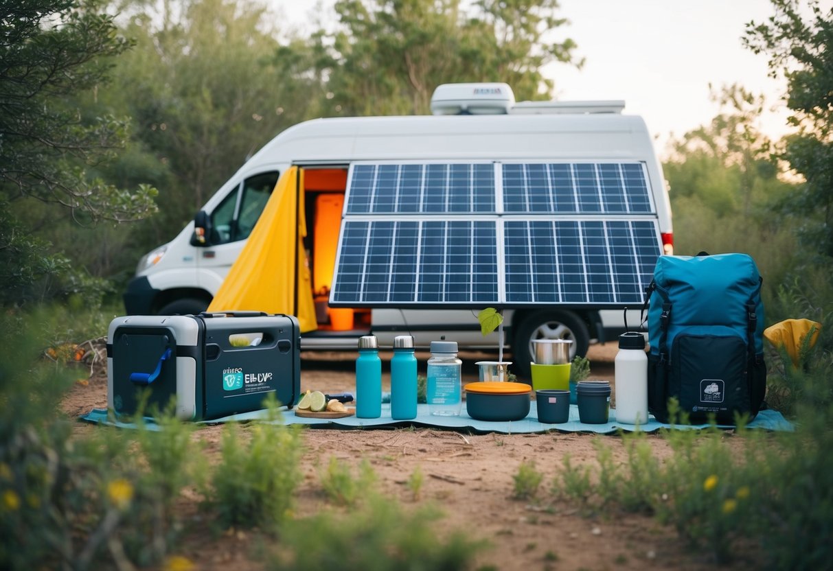 Eine nachhaltige Campingszene mit umweltfreundlicher Ausrüstung und einem von der Natur umgebenen Van mit Sonnenkollektoren, wiederverwendbaren Wasserflaschen und kompostierbaren Utensilien