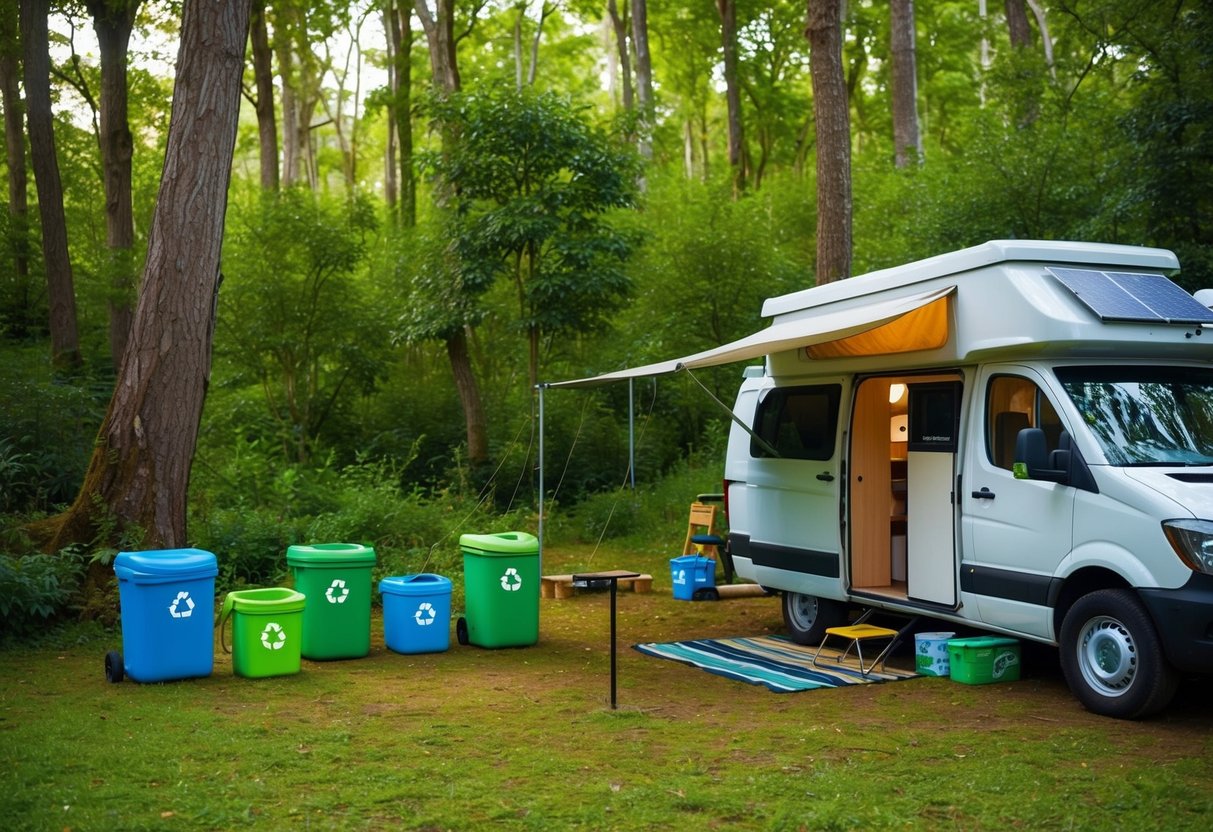 Ein gemütlicher Campingplatz inmitten eines üppigen Waldes mit einem solarbetriebenen Transporter und einer Komposttoilette. Überall auf dem Gelände sind Recyclingbehälter und wiederverwendbare Wasserflaschen verteilt