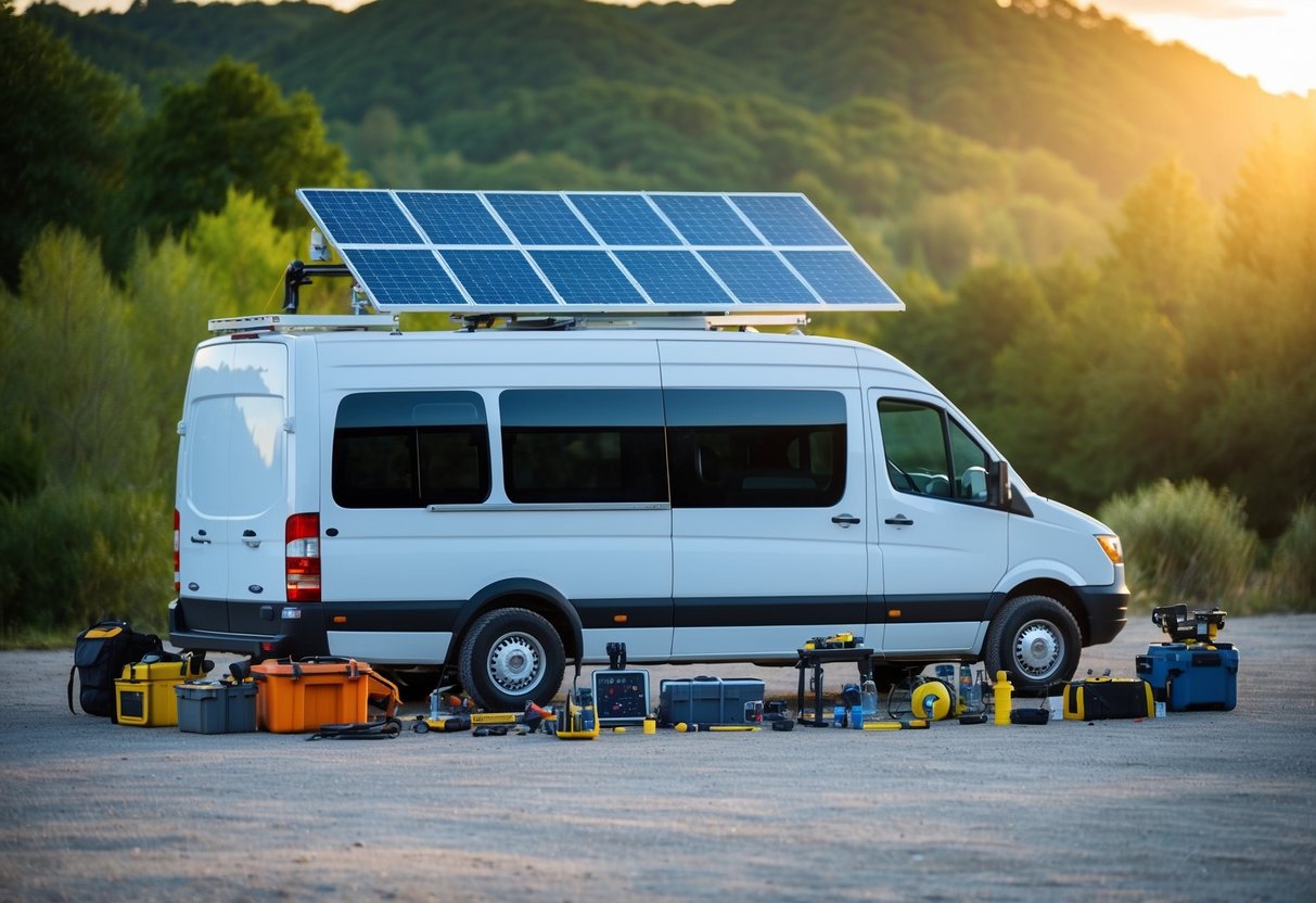 Ein Transporter mit einer auf dem Dach installierten Solaranlage, umgeben von verschiedenen Werkzeugen und Geräten zur Erreichung der Selbstversorgung und Unabhängigkeit