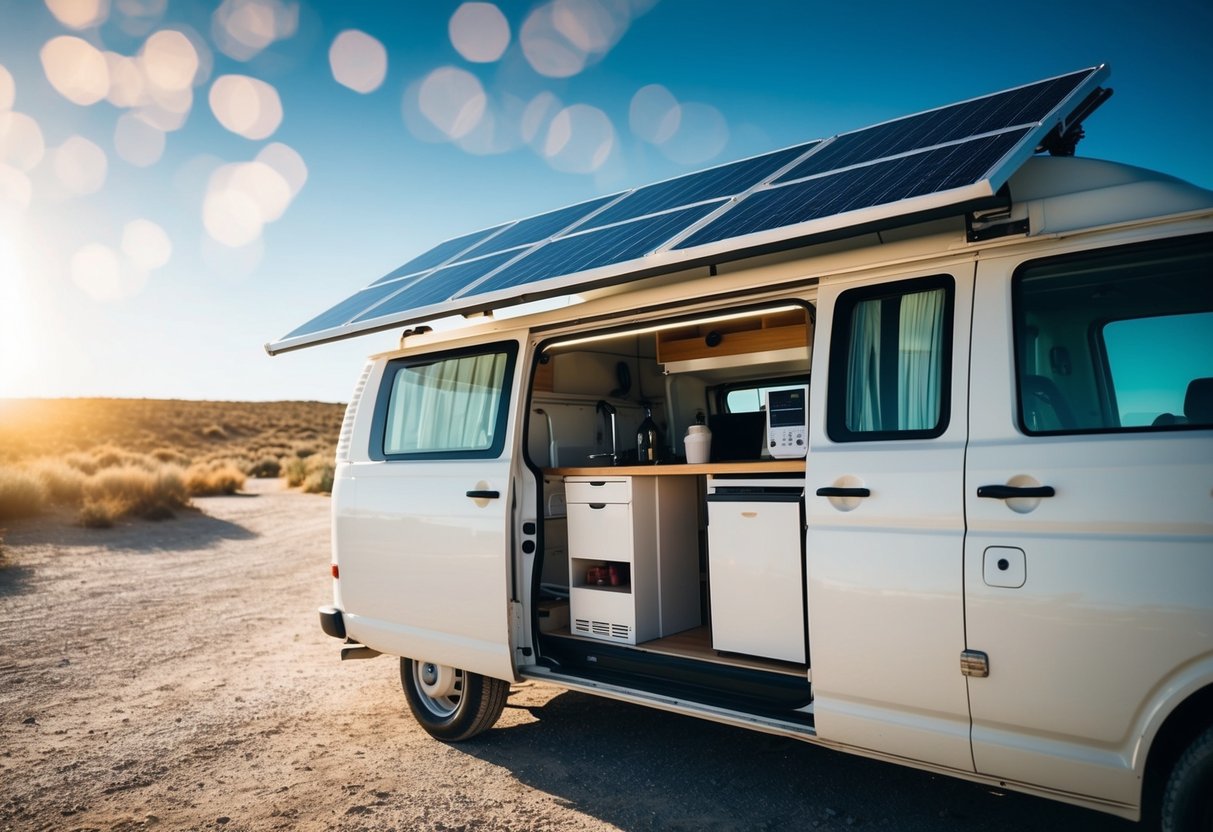 Ein an einem sonnigen, abgelegenen Ort geparkter Lieferwagen mit Sonnenkollektoren auf dem Dach, die verschiedene Geräte im Inneren mit Strom versorgen