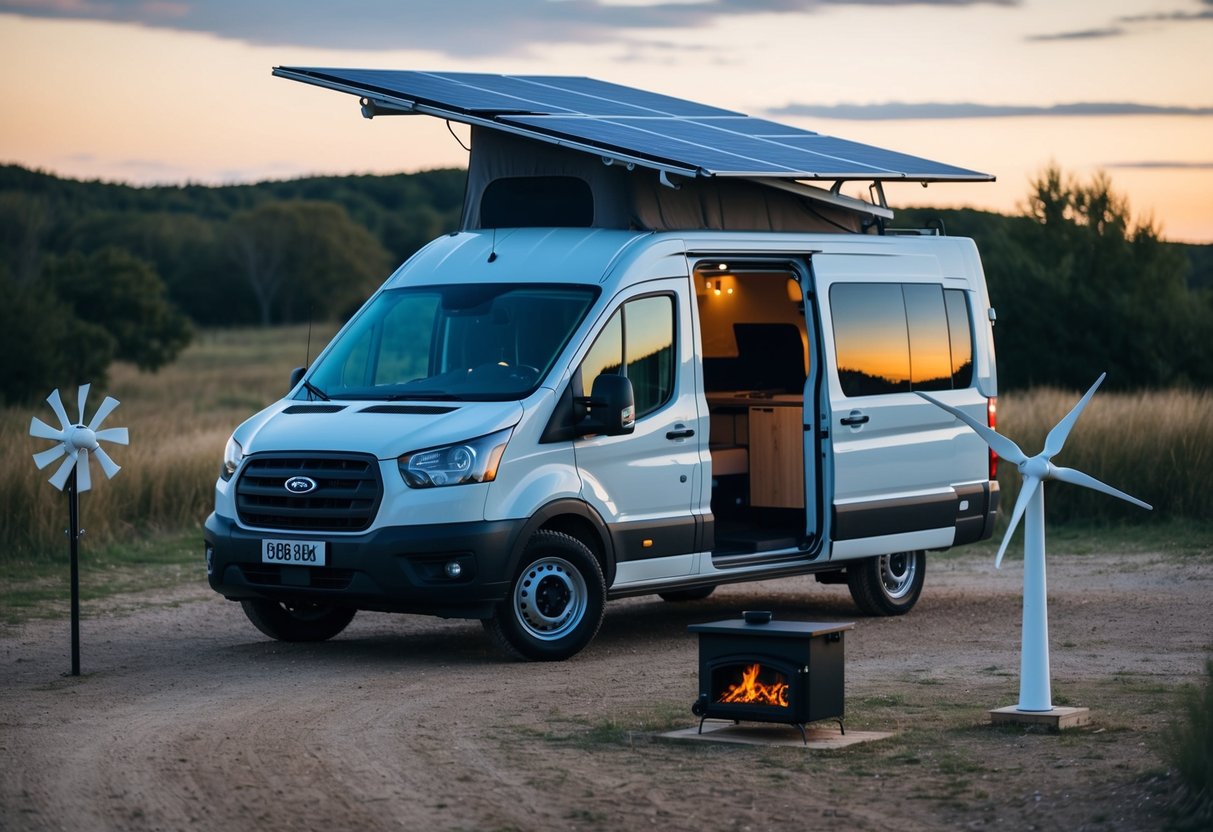 Ein Lieferwagen, der in einer abgelegenen Gegend geparkt ist, mit Sonnenkollektoren auf dem Dach, einer kleinen Windkraftanlage in der Nähe und einem Holzofen im Inneren