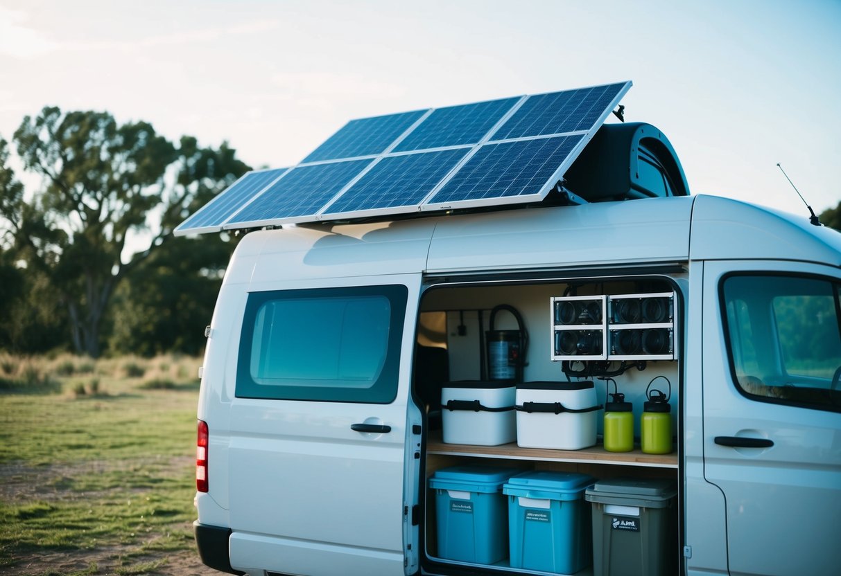 Ein Transporter mit autarkem Wassersystem, Solarpaneelen und Lagerbehältern. Außenumgebung mit Bäumen und klarem Himmel