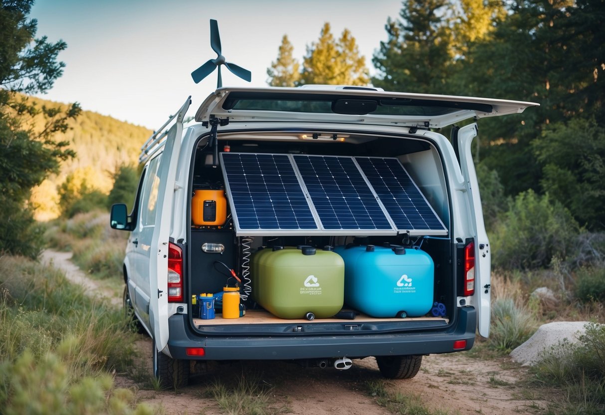 Ein Transporter, ausgestattet mit Sonnenkollektoren, Wassertanks und einer kleinen Windkraftanlage. Outdoor-Ausrüstung und Werkzeuge ordentlich organisiert im Inneren. Umgeben von Natur