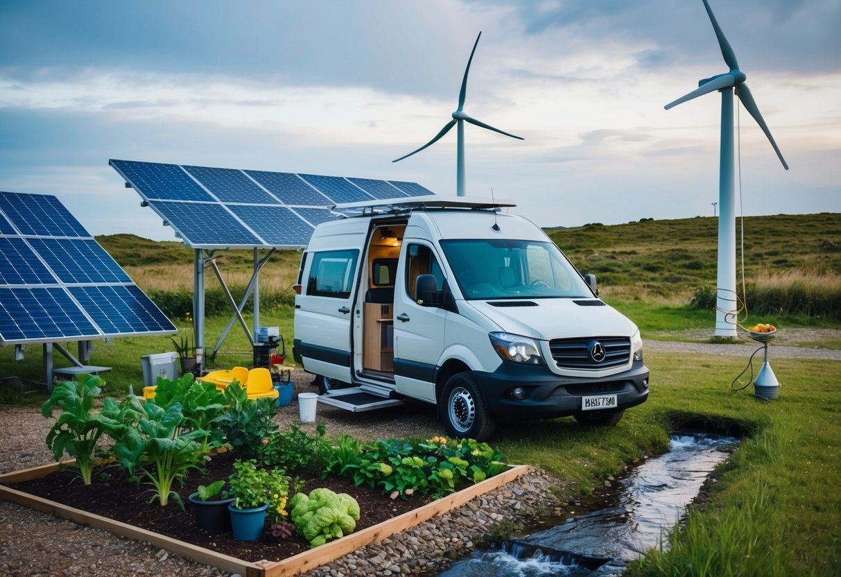 Ein Lieferwagen, der an einem abgelegenen Ort geparkt ist, umgeben von Sonnenkollektoren, einer Windkraftanlage und einem kleinen Bach zur Wasserkraftgewinnung. In einem Garten neben dem Transporter wachsen verschiedene Pflanzen und Gemüse