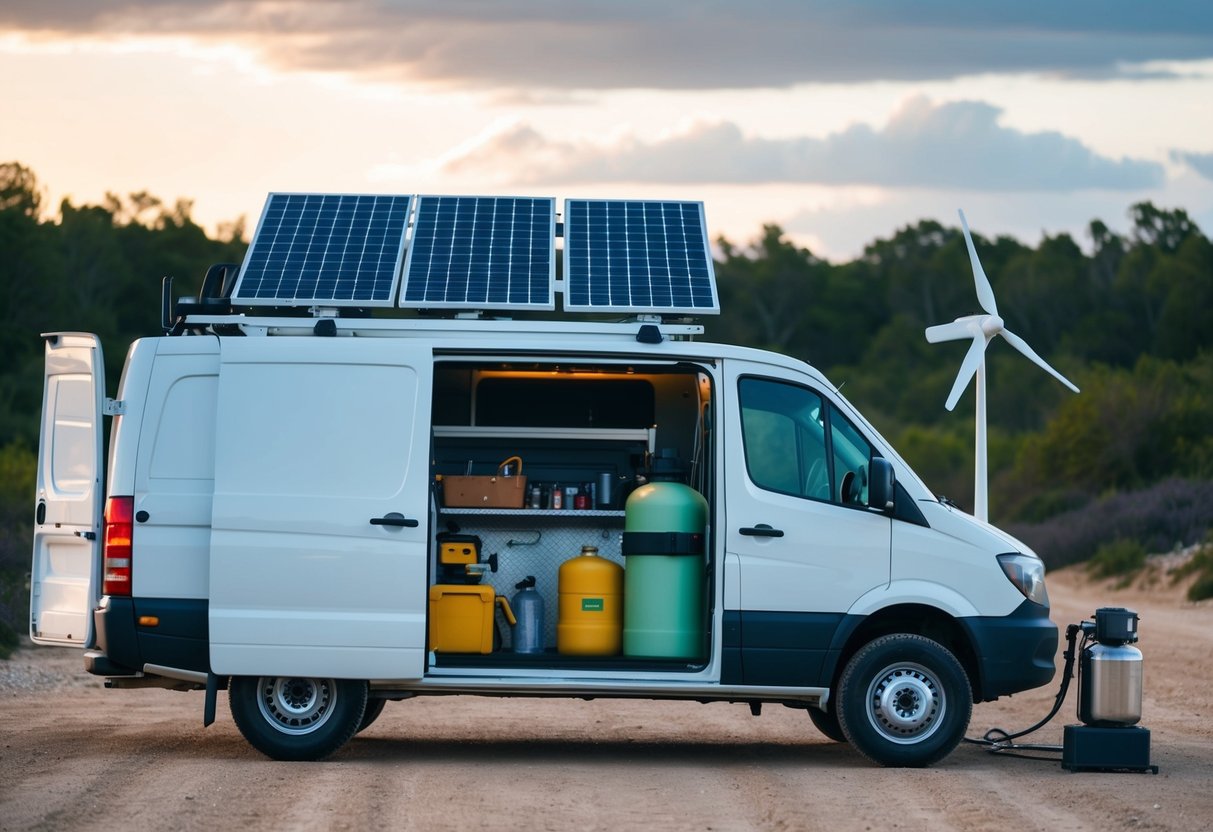 Ein Lieferwagen, der in einem abgelegenen Bereich geparkt ist und mit Sonnenkollektoren, einem Wassertank und einer kleinen Windkraftanlage ausgestattet ist. Verschiedene Werkzeuge und Hilfsmittel sind im Inneren ordentlich organisiert