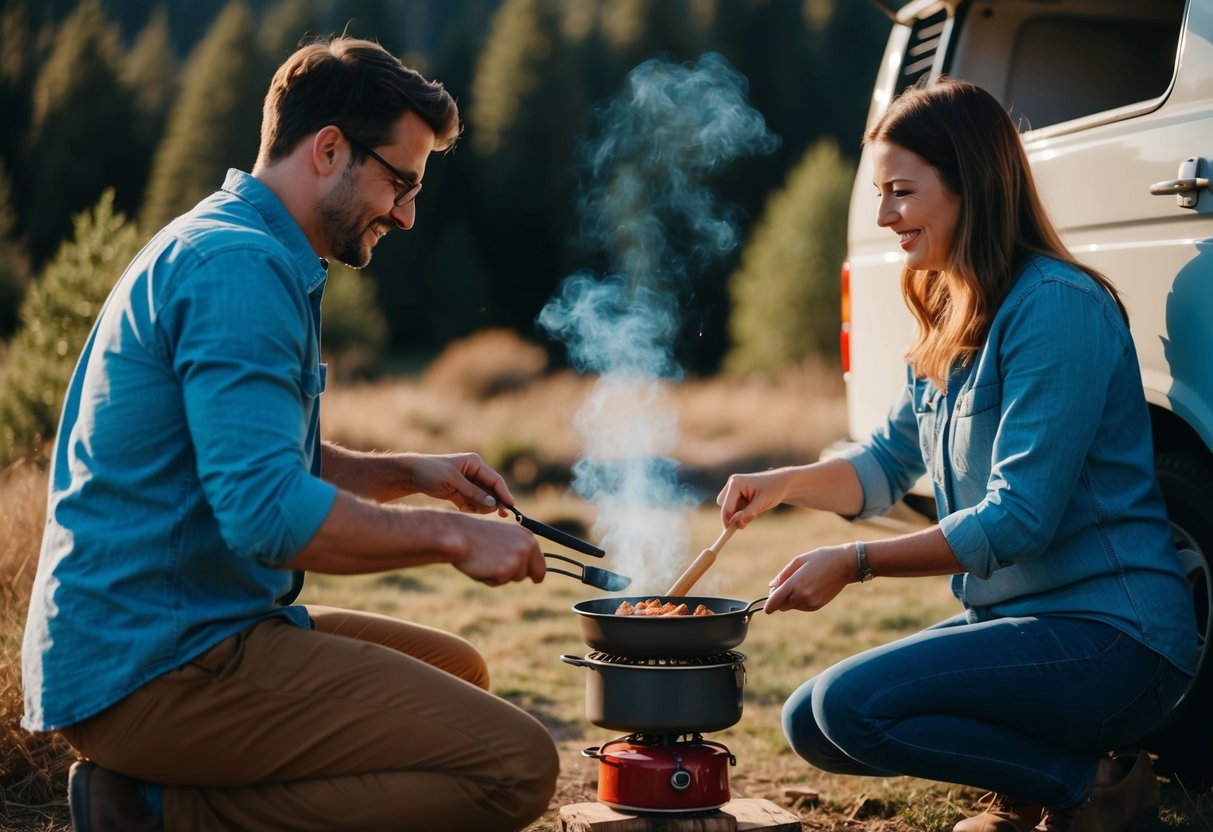 Ein Paar kocht auf einem Campingkocher vor seinem Van, umgeben von Natur