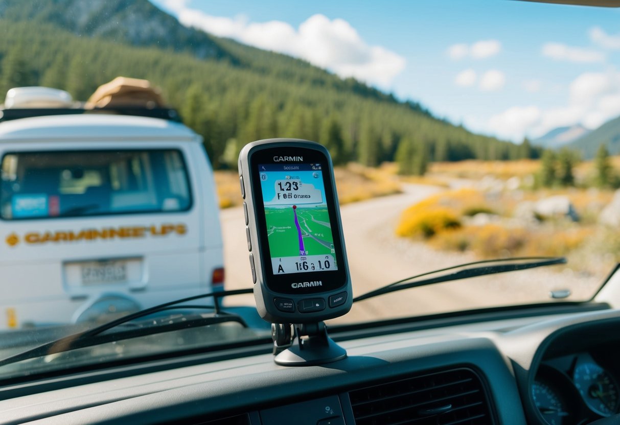 Der Lieferwagen eines Paares parkte an einem malerischen Ort, mit einem Garmin-GPS-Gerät am Armaturenbrett. Die umliegende Landschaft weist Anzeichen von Outdoor-Abenteuern auf