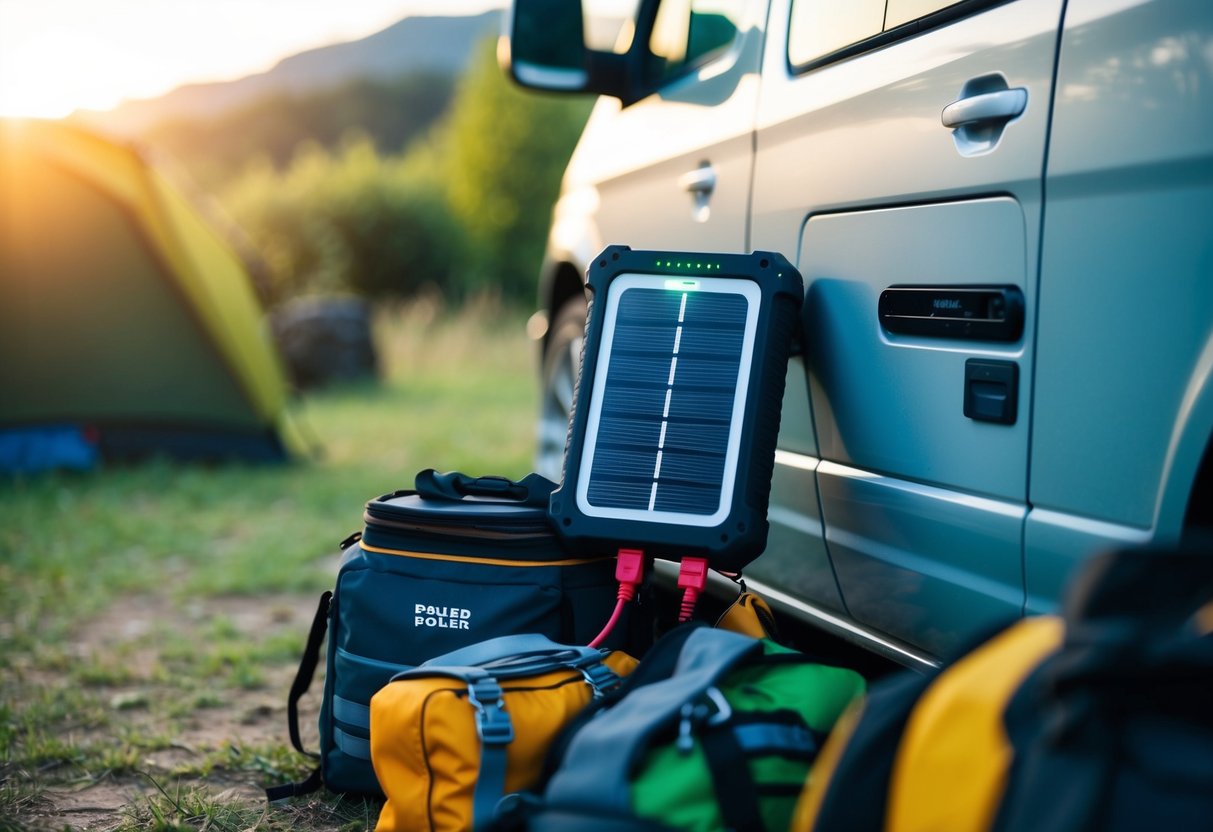 Eine Powerbank mit Solarpanel ist an der Seite eines Wohnmobils angebracht, umgeben von Campingausrüstung und Outdoor-Ausrüstung