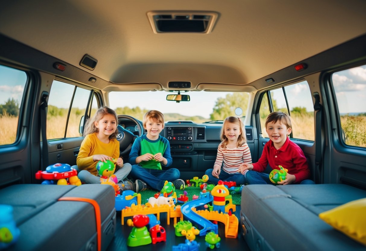 Ein Lieferwagen voller cleverer Spielzeuge, in dem Kinder fröhlich spielen. Durch die Fenster sichtbare Außenlandschaft mit einem Gefühl von Abenteuer und Familienspaß