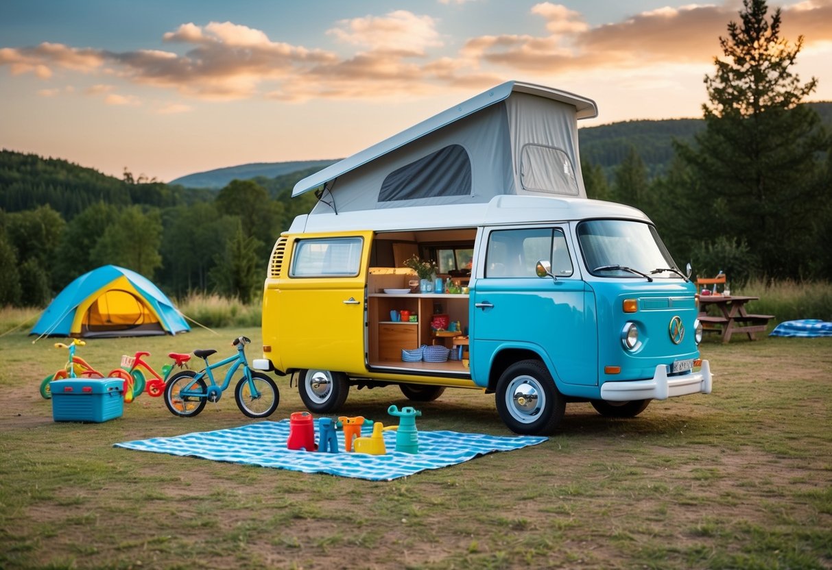 Ein farbenfroher Lieferwagen, der auf einem malerischen Campingplatz geparkt ist, mit einem familienfreundlichen Picknickplatz draußen. Fahrräder und Spielzeug für draußen sind überall verstreut, es herrscht eine entspannte und fröhliche Atmosphäre