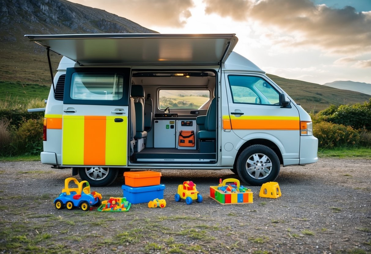 Ein an einem malerischen Ort geparktes Wohnmobil mit sichtbarer Sicherheitsausrüstung im Inneren. Spielzeug und Spiele für Kinder sind im gesamten Transporter verstreut und zeugen von einer familienfreundlichen Umgebung