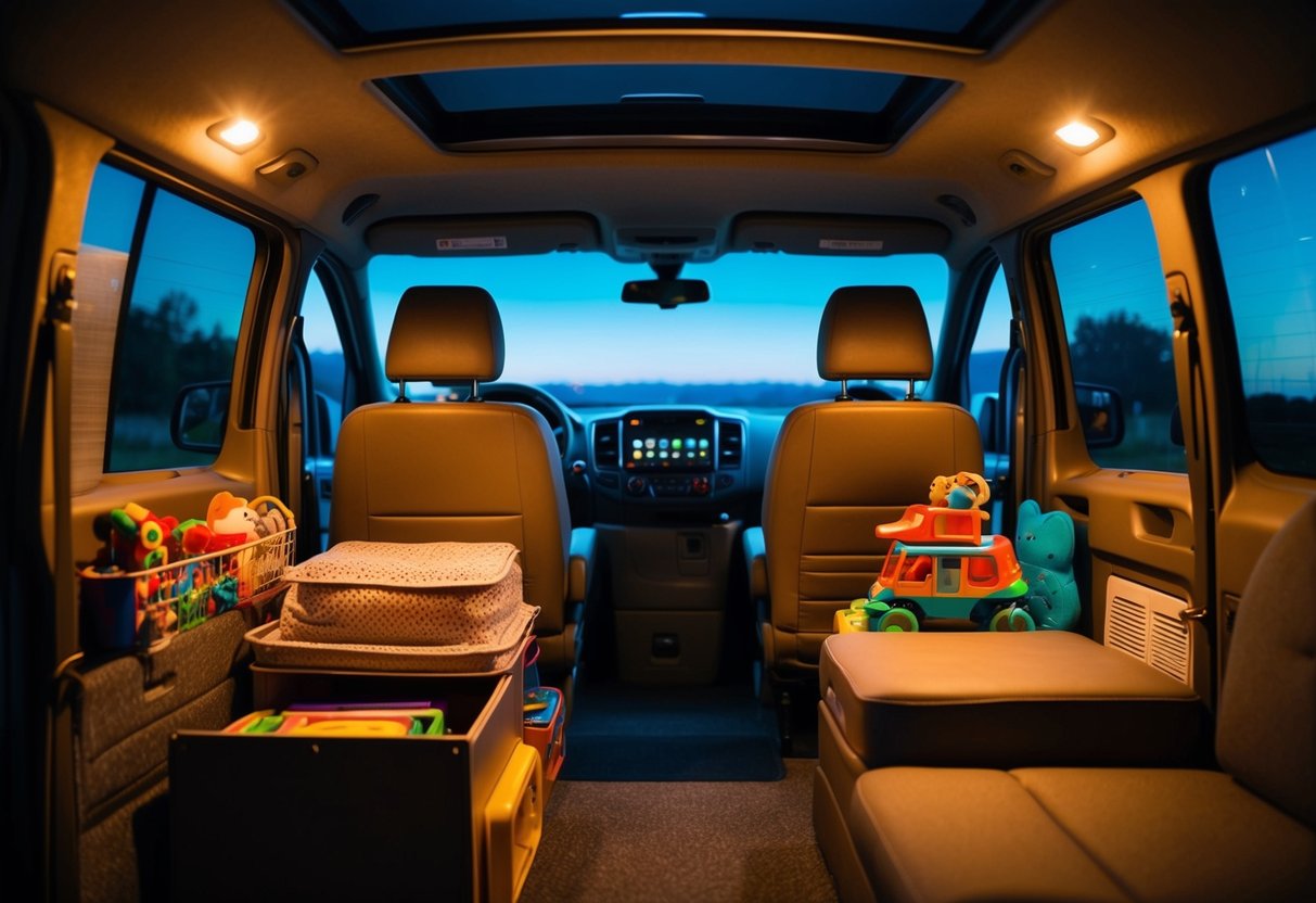 Ein gemütlicher Van-Innenraum bei Nacht mit sanfter, warmer Beleuchtung. Spielzeug und Kindersachen sind ordentlich organisiert. Durch die Fenster ist die Landschaft im Freien sichtbar