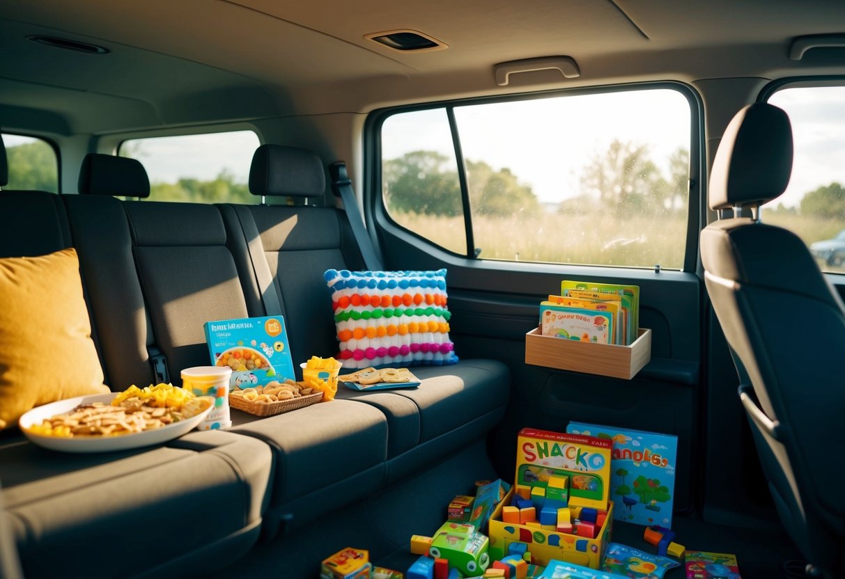 Ein gemütlicher Van-Innenraum mit verstreuten Snacks und Spielsachen. In einer Ecke sind Kinderbücher und Spiele ordentlich geordnet. Sonnenlicht strömt durch die Fenster und schafft eine warme und einladende Atmosphäre