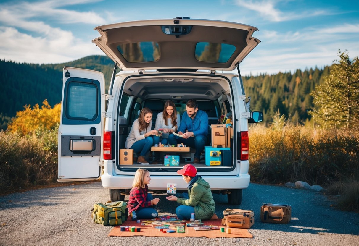 Ein Lieferwagen, der an einem malerischen Ort geparkt ist, mit einer Familie, die Brettspiele spielt und Outdoor-Aktivitäten nachgeht. Der Van ist mit Reiseutensilien ausgestattet und von Natur umgeben