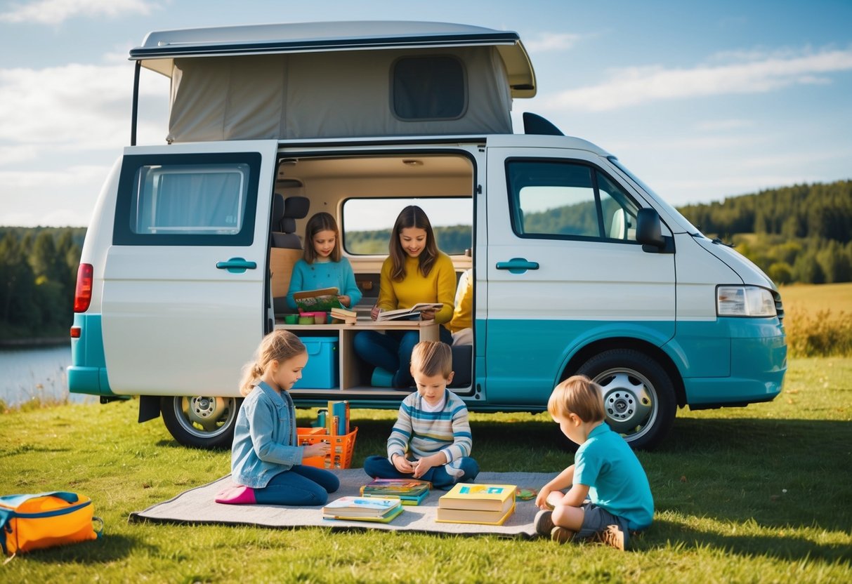 Ein Familientransporter parkt an einem malerischen Ort, während Kinder draußen spielen. Die Eltern richten einen kleinen Outdoor-Lernbereich mit Büchern und Lehrmaterialien ein. Der Van ist mit Stauraum für Lernmaterialien und einem gemütlichen Schlafbereich ausgestattet