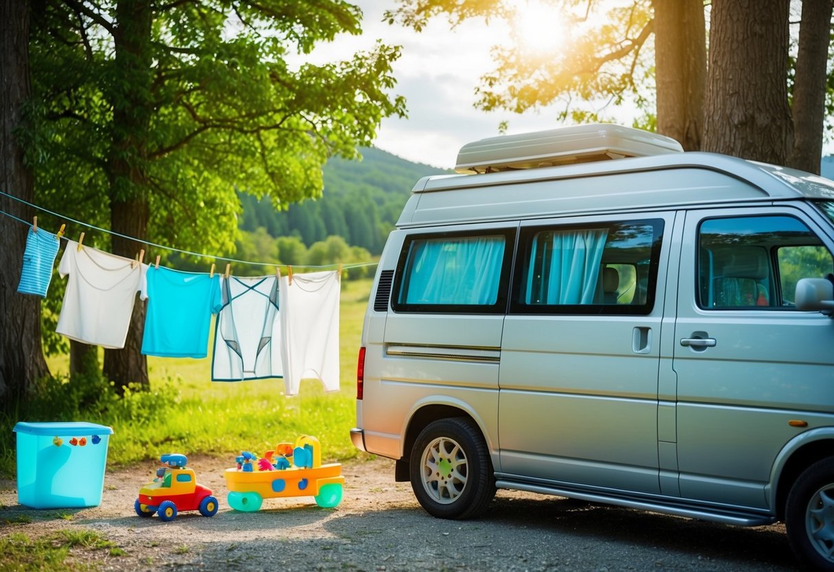 Der Lieferwagen einer Familie parkte an einem malerischen Ort. Zwischen Bäumen hing eine Wäscheleine, auf der leichte, waschbare Kleidung ausgestellt war. Spielzeug und Kinderartikel sind in der Nähe ordentlich geordnet