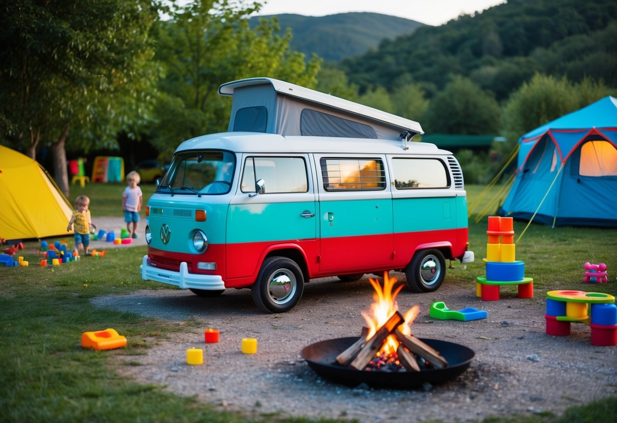 Ein farbenfrohes Wohnmobil, das auf einem malerischen, familienfreundlichen Campingplatz geparkt ist. Kinderspielzeug und Spiele für draußen sind auf dem gesamten Campingplatz verteilt. Ein gemütliches Lagerfeuer mit gerösteten Marshmallows