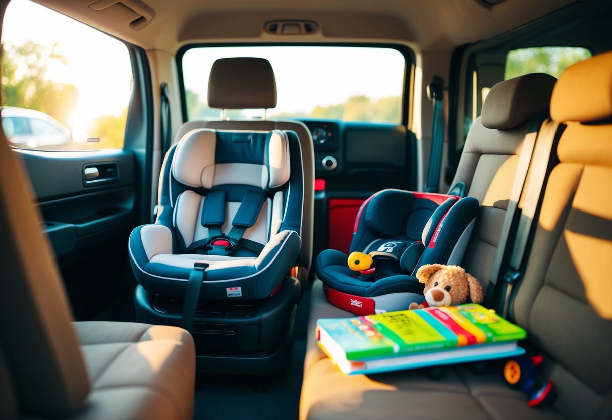 Ein gemütlicher Van-Innenraum mit Büchern, Spielzeug und einem Kinderautositz. Sonnenlicht strömt durch das Fenster und wirft einen warmen Schein auf die Szene