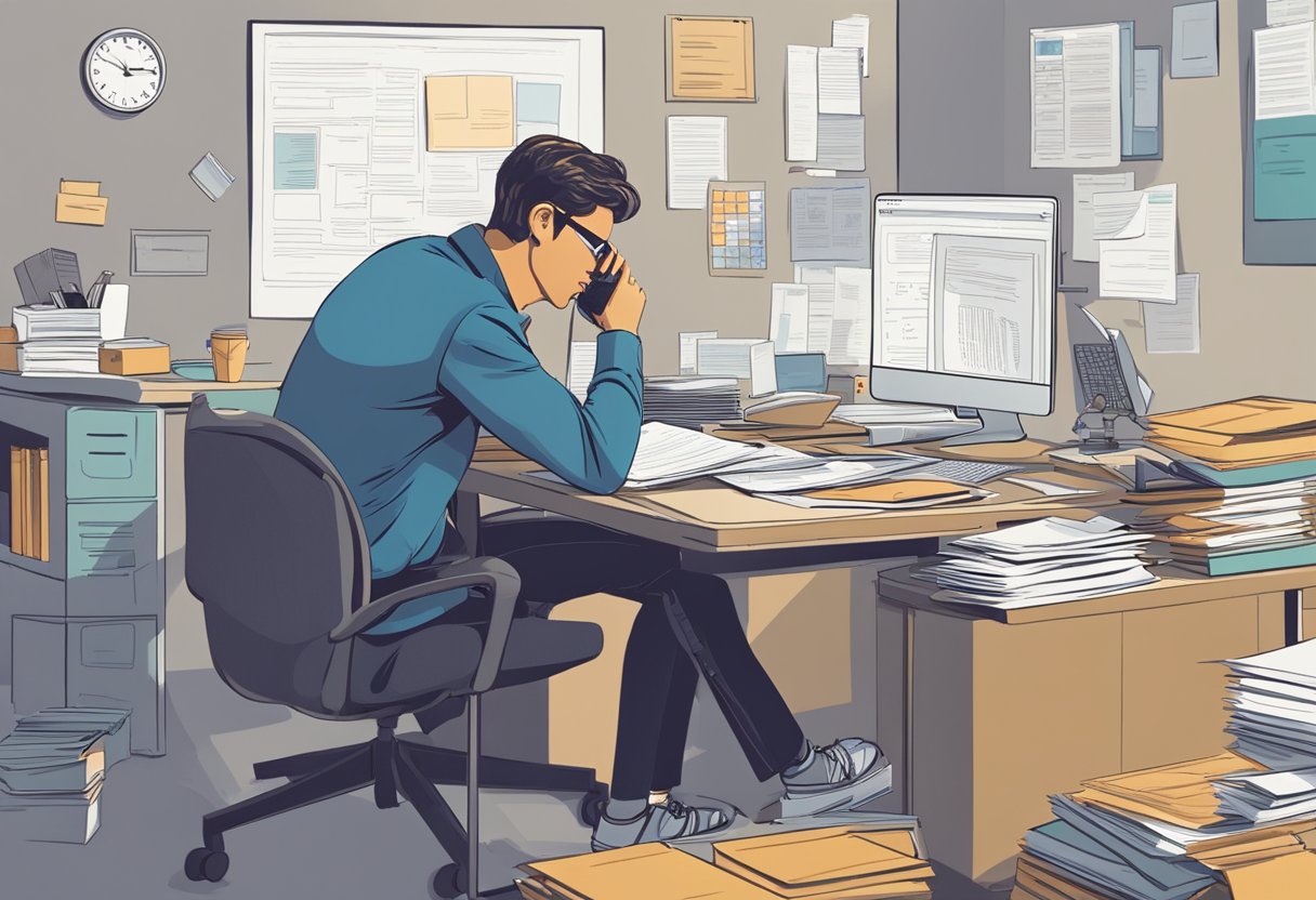 A person sitting at a desk, surrounded by paperwork and a computer. They are on the phone, gesturing and talking animatedly while negotiating a debt with the IRS