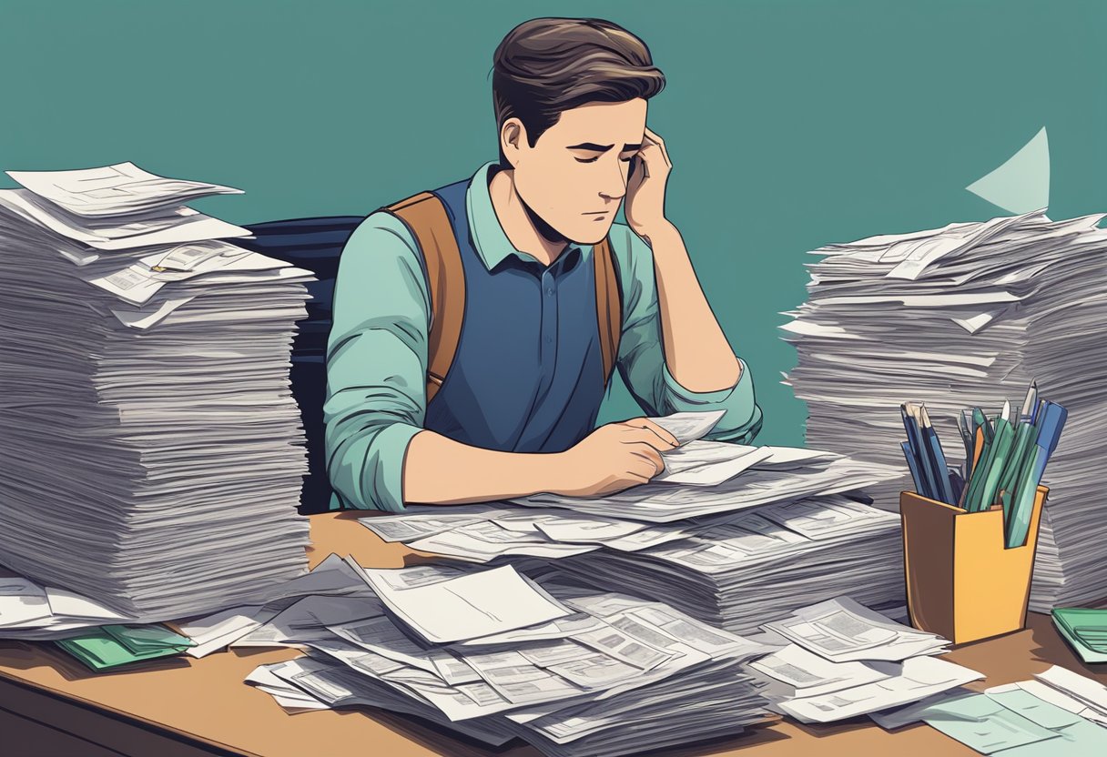 A person sitting at a desk surrounded by paperwork, looking stressed. A stack of bills and letters from the IRS are spread out in front of them