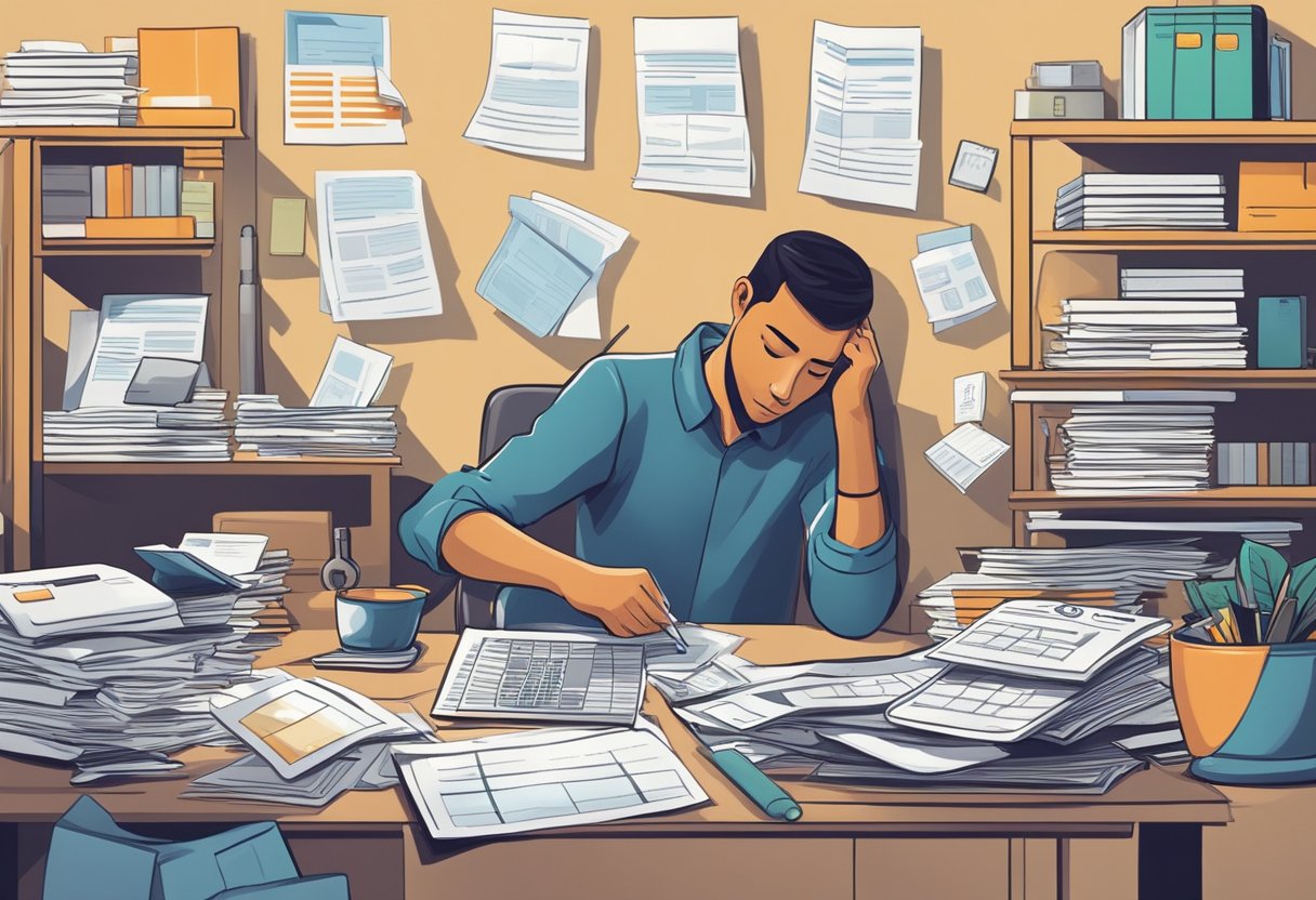 A person researching interest rates and credit card debt, surrounded by financial documents and calculators