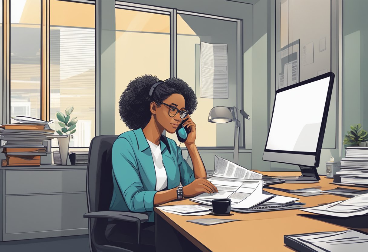 A person sitting at a desk with a laptop and paperwork, speaking on the phone with the IRS. The room is well-lit and organized, with a sense of determination and focus