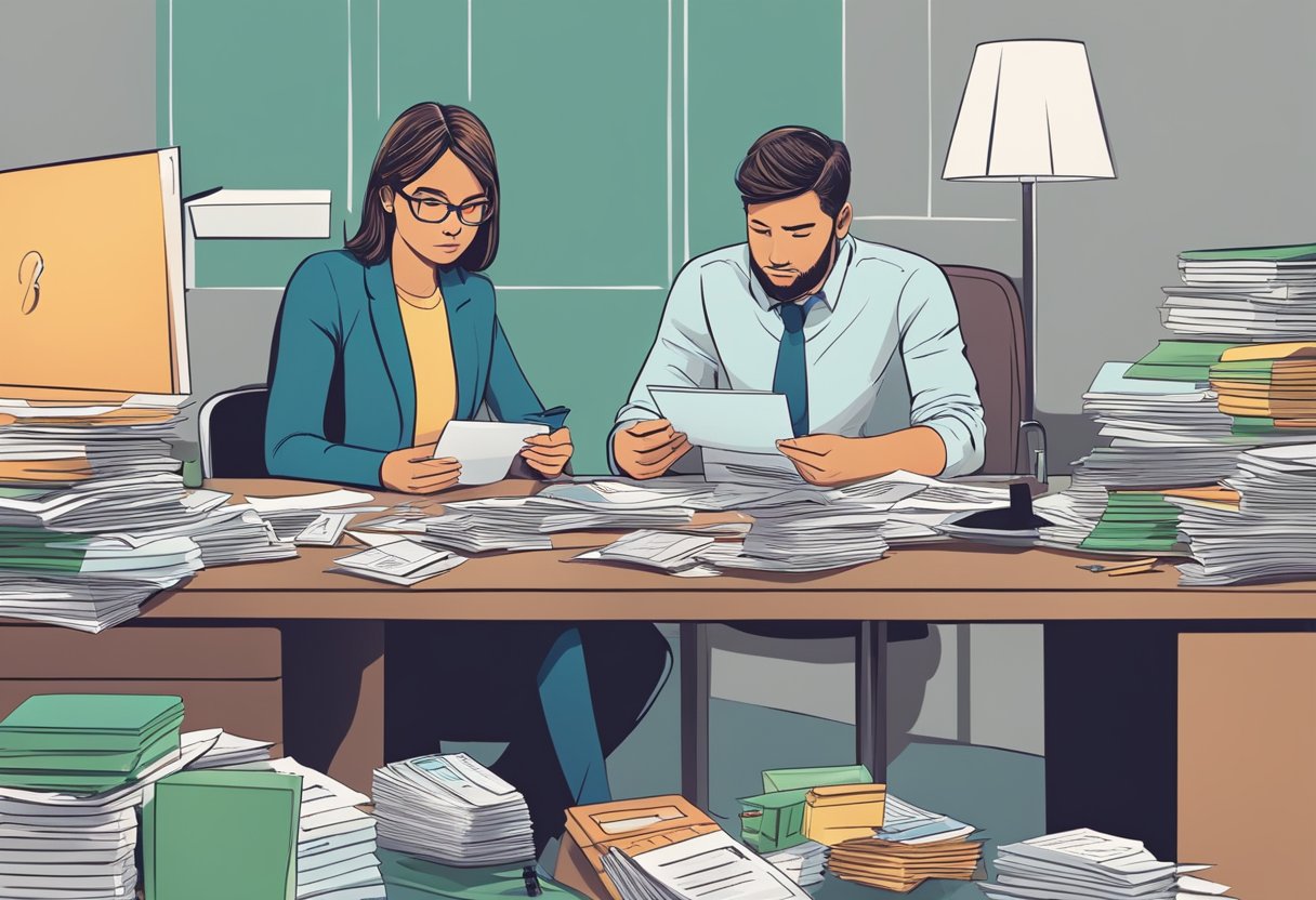 A person sits at a desk surrounded by bills and credit card statements, looking stressed. A financial advisor stands nearby, offering guidance and support