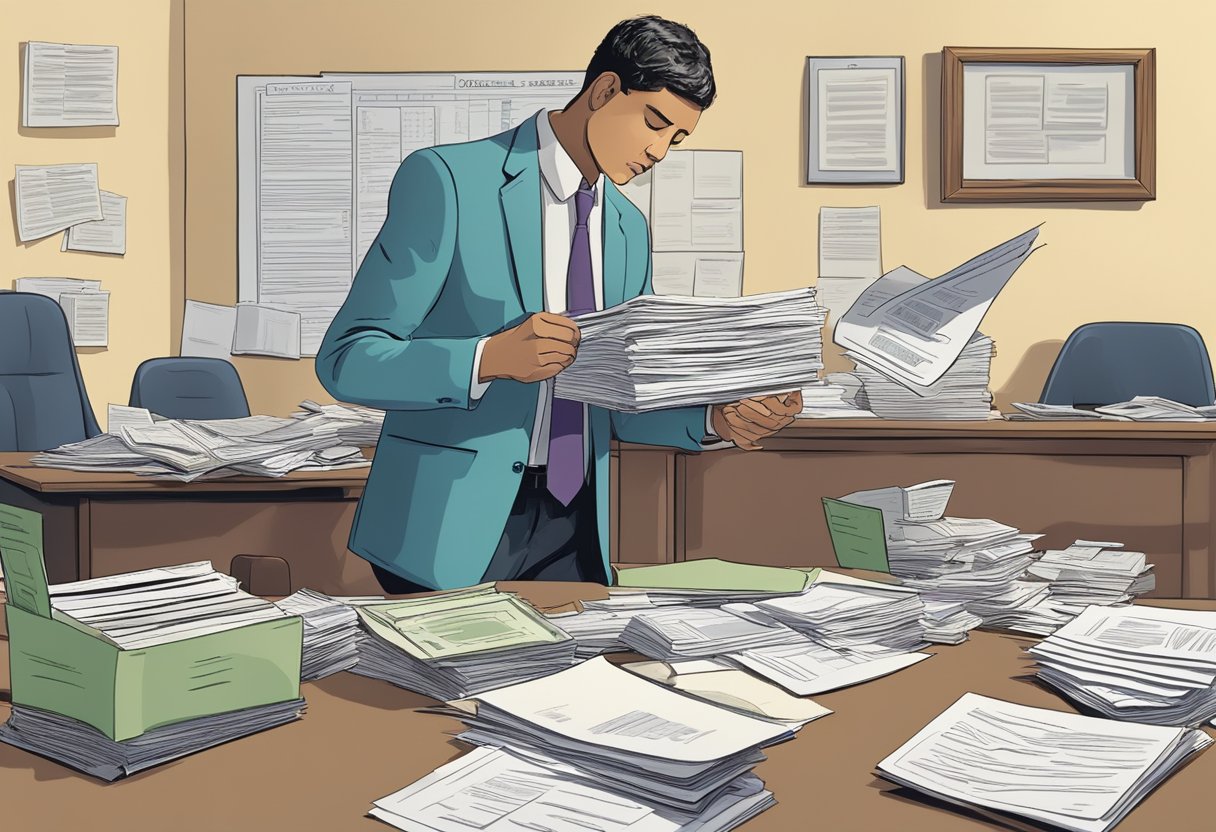 The scene shows a person submitting paperwork to the IRS, with various documents and forms scattered on a desk. The person appears to be seeking forgiveness for debts owed to the IRS