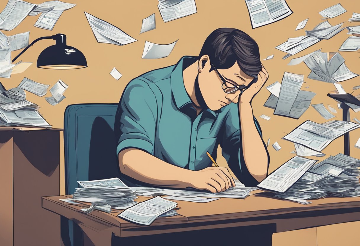 A person sitting at a cluttered desk, surrounded by unpaid bills and letters from the IRS. The person looks stressed and overwhelmed