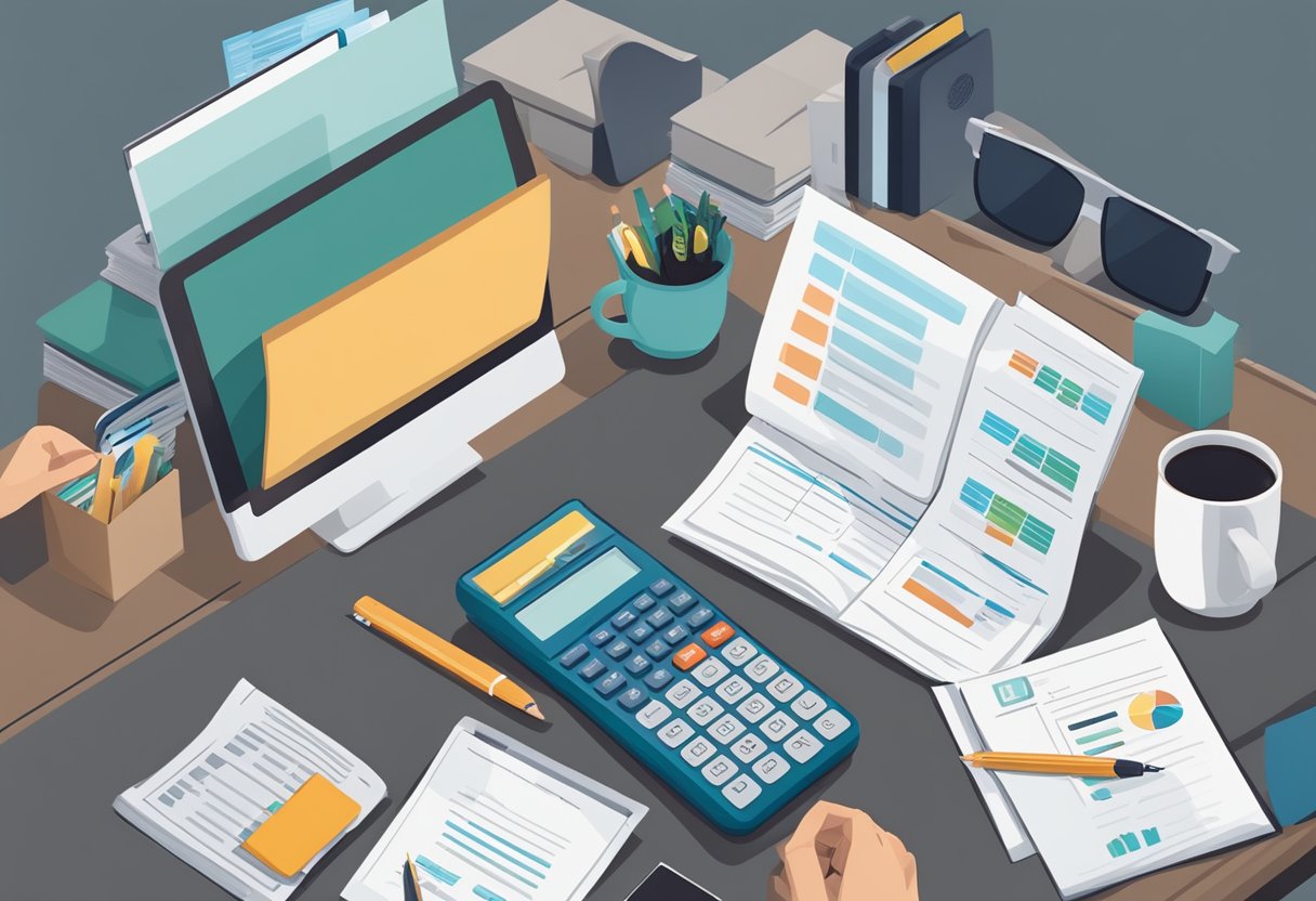 A person sitting at a desk surrounded by financial documents and a laptop, with a calculator and pen in hand, looking at options for paying off credit card debt