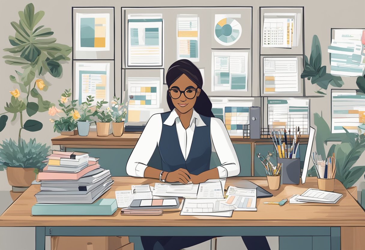 A wedding planner sits at a desk, surrounded by budget spreadsheets and a calendar. They are carefully organizing and scheduling every aspect of the wedding day to ensure it is debt-free