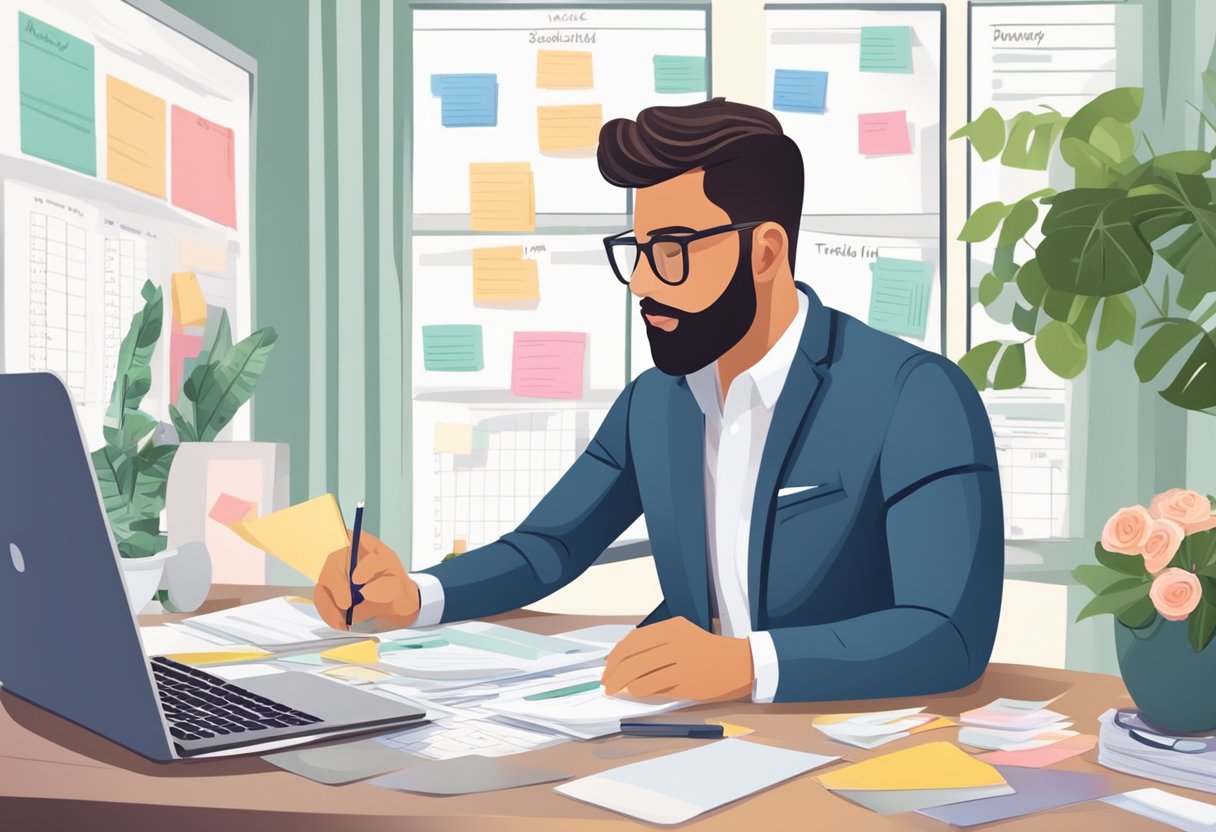 A wedding planner sits at a desk with a budget spreadsheet and calendar, organizing guest lists and financial contributions for a debt-free wedding day