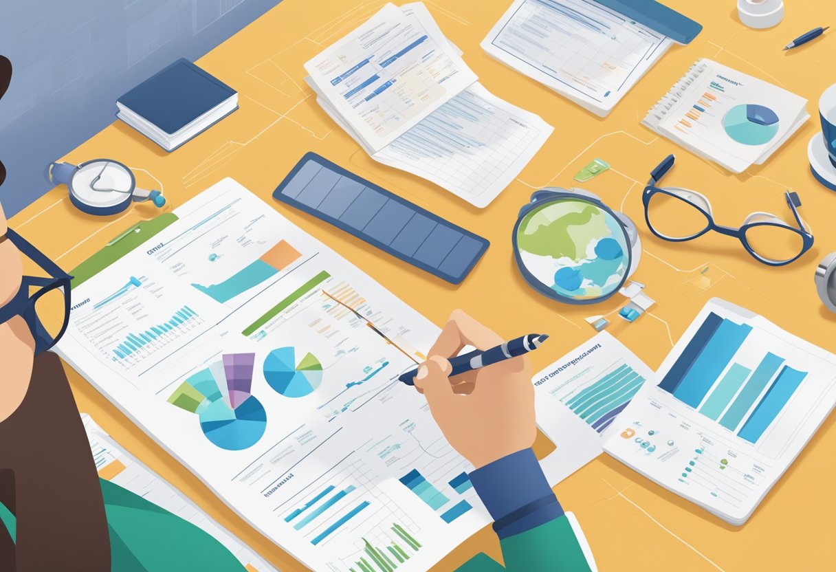 A person comparing different health insurance plans, surrounded by charts, graphs, and a list of key factors to consider