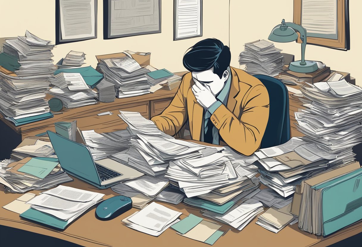 A person sitting at a cluttered desk, surrounded by legal and financial documents. They are looking stressed and overwhelmed as they try to figure out the best option for declaring bankruptcy