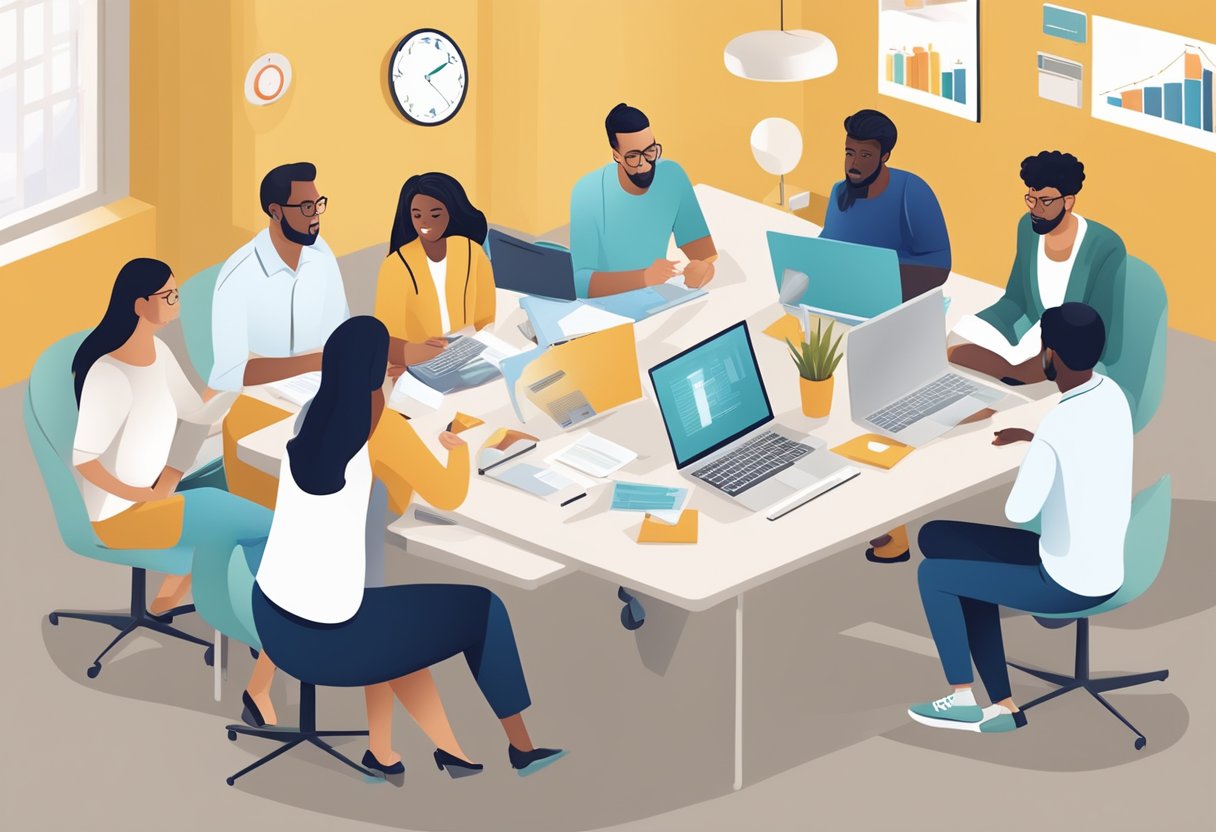 A diverse group of people researching and comparing different health insurance plans, discussing and analyzing coverage options and benefits