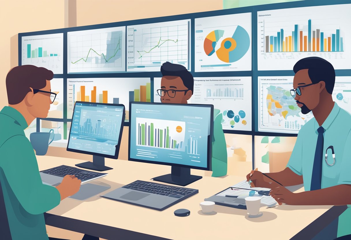 A diverse group of people researching and comparing various medical insurance options in the United States, with charts and graphs displayed on a computer screen