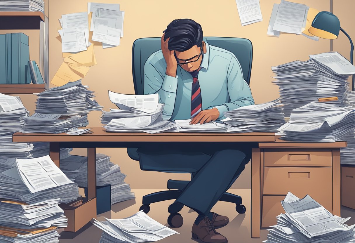 A person sitting at a desk surrounded by paperwork and financial documents, looking stressed and overwhelmed as they try to navigate the bankruptcy declaration process