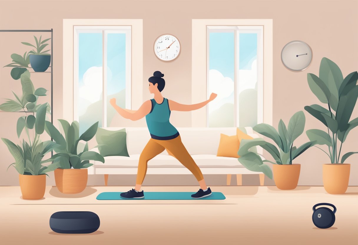 A person exercising at home while using a timer for 25 minutes. The person is following an online personal training program, combining the Pomodoro technique with fitness