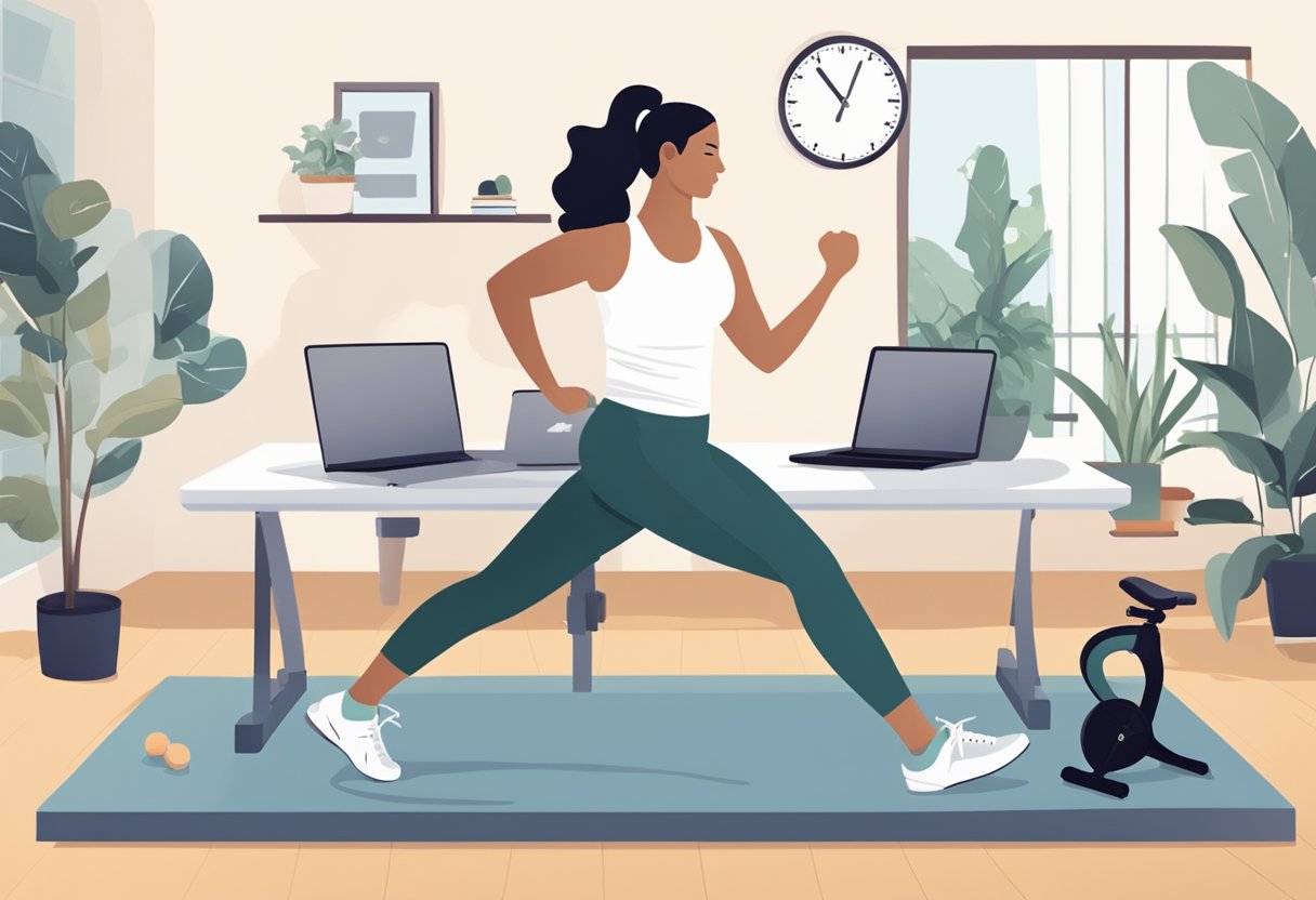 A person is seen exercising at home with a laptop nearby showing a 25-minute timer. The room is well-lit and organized, with exercise equipment neatly arranged