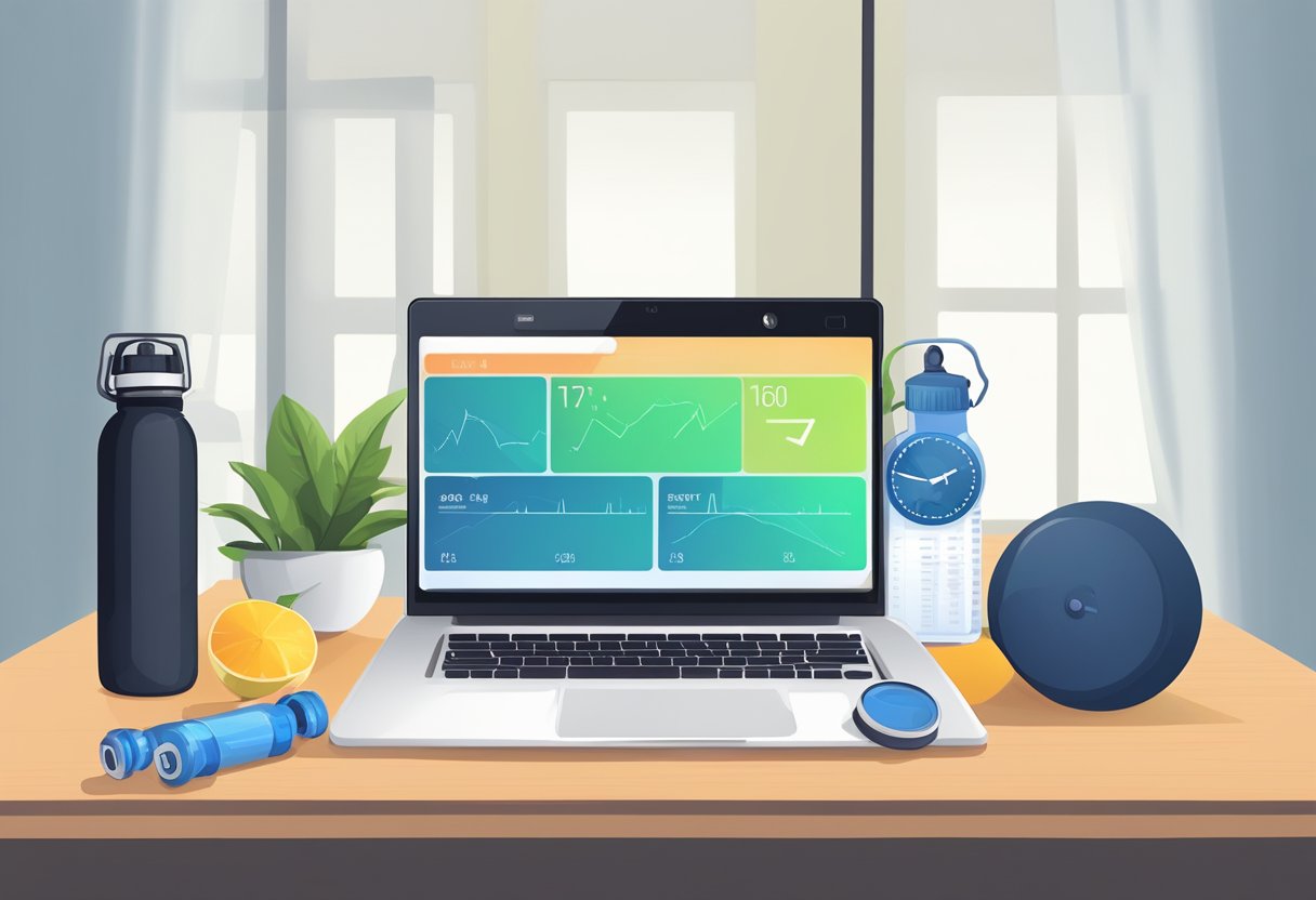 A timer set for 25 minutes on a desk with a laptop open to an online personal training session. A water bottle and workout mat nearby