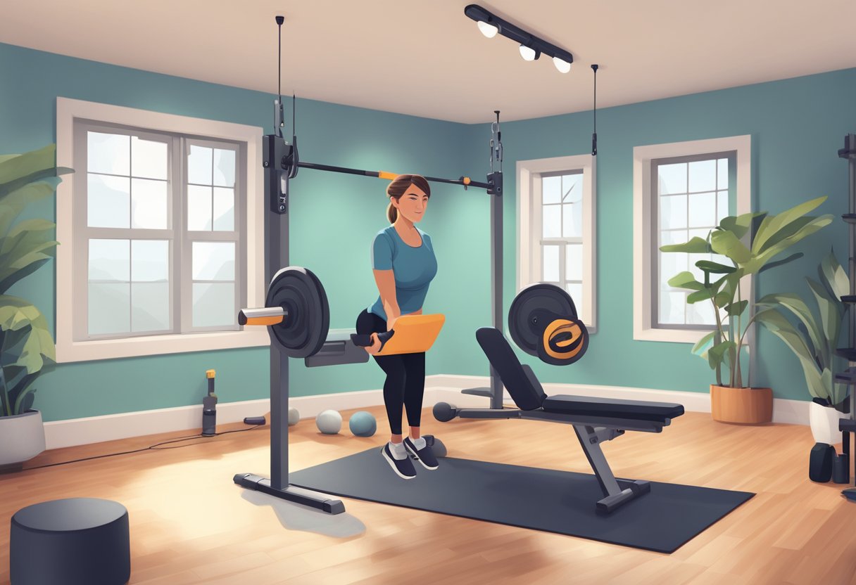 A person doing strength training and cardio exercises in a small home gym, following along with an online personal training session on a laptop or tablet